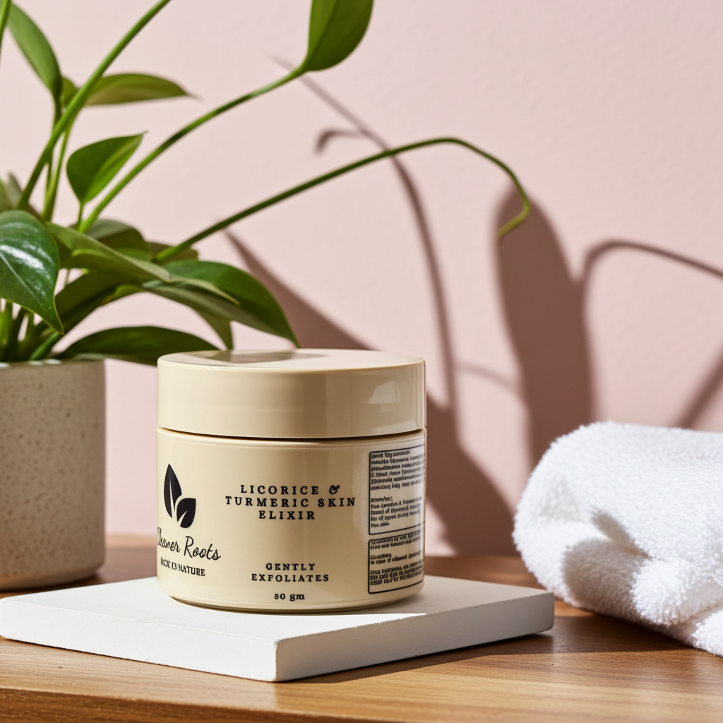 Jar of skincare product on a wooden surface with a plant and towel in the background