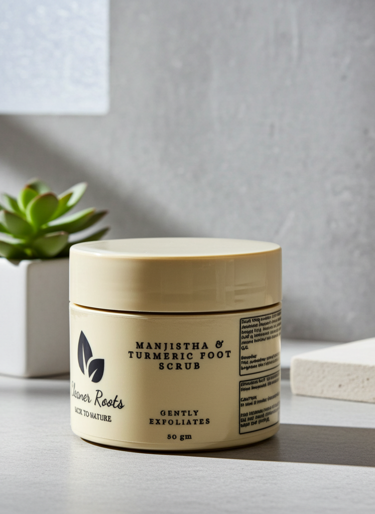 Jar of Manjistha & Turmeric Foot Scrub on a neutral background with a plant and bath items.