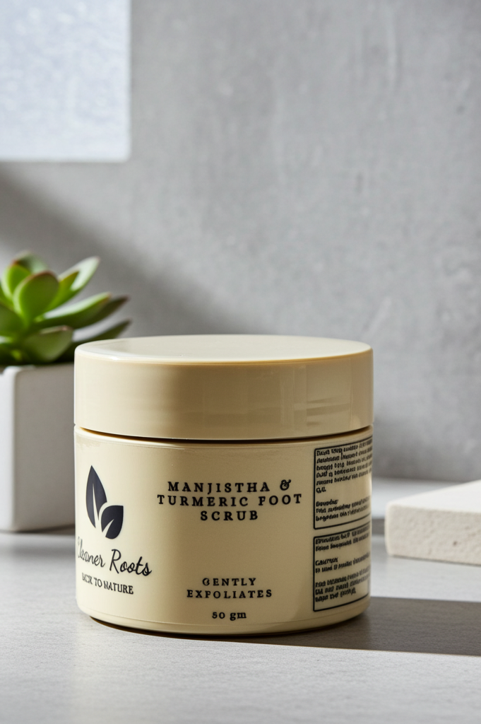 Jar of Manjistha & Turmeric Foot Scrub on a neutral background with a plant and bath items.