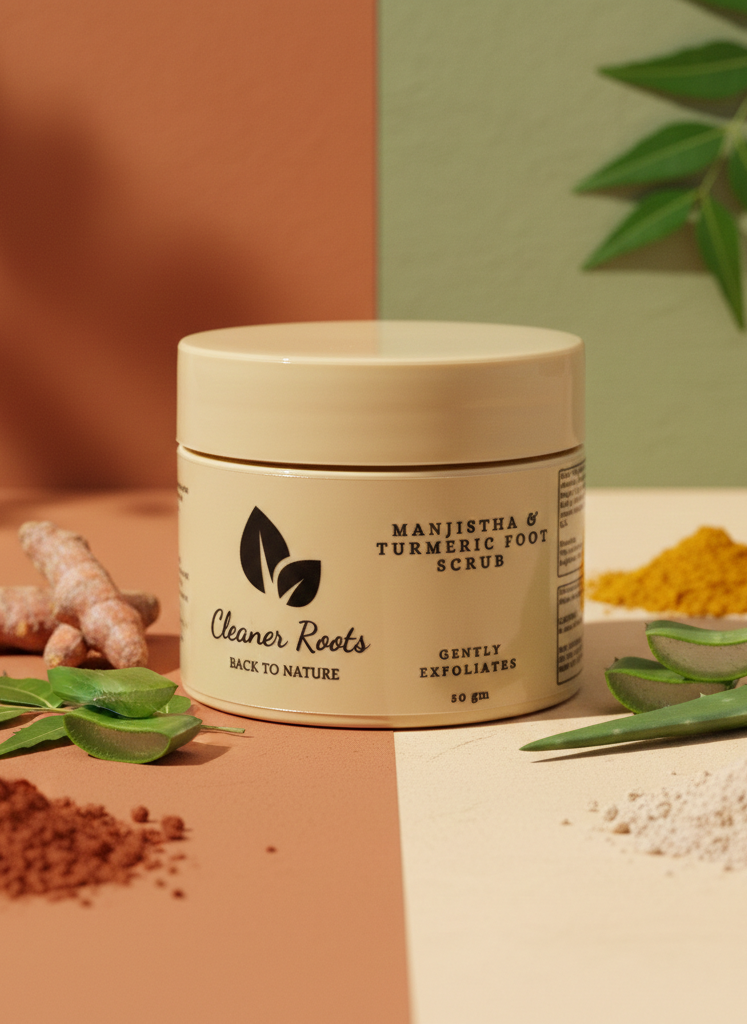 Jar of 'Cleaner Roots' foot scrub with natural ingredients on a colorful background