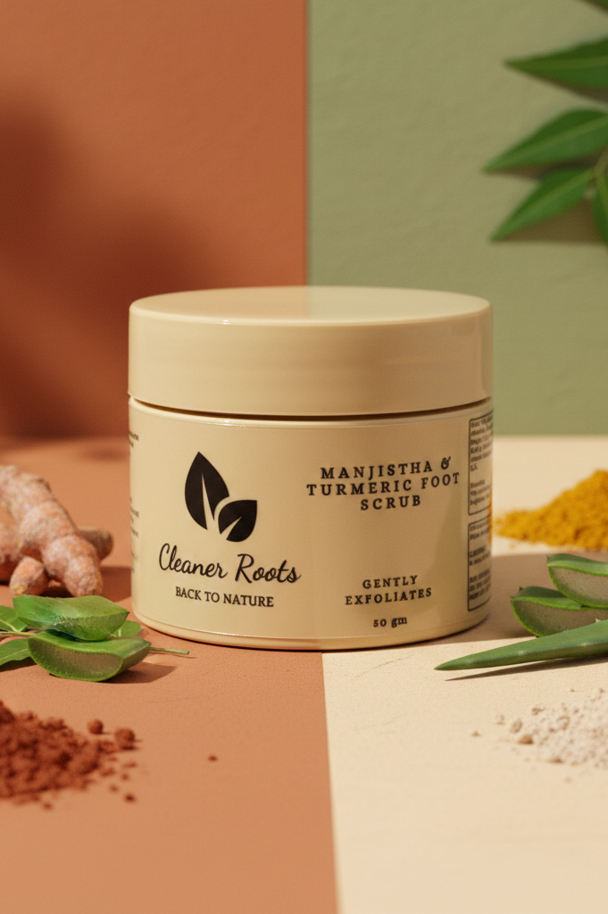 Jar of 'Cleaner Roots' foot scrub with natural ingredients on a colorful background