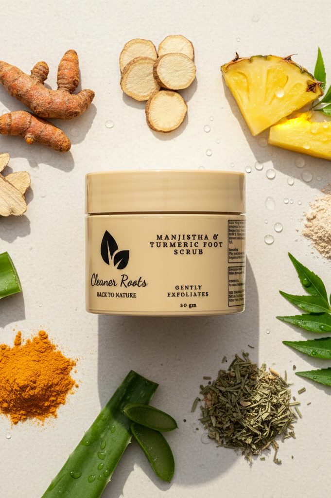 Foot scrub jar with natural ingredients on a light background