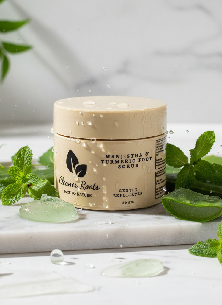 Jar of 'Manjistha & Turmeric Foot Scrub' by 'Cleaner Roots' with green leaves on a marble surface.