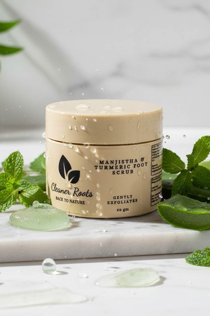 Jar of 'Manjistha & Turmeric Foot Scrub' by 'Cleaner Roots' with green leaves on a marble surface.