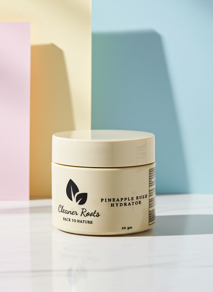 Jar of 'Cleaner Roots' Pineapple Rush Hydrator on a light surface with pastel-colored background