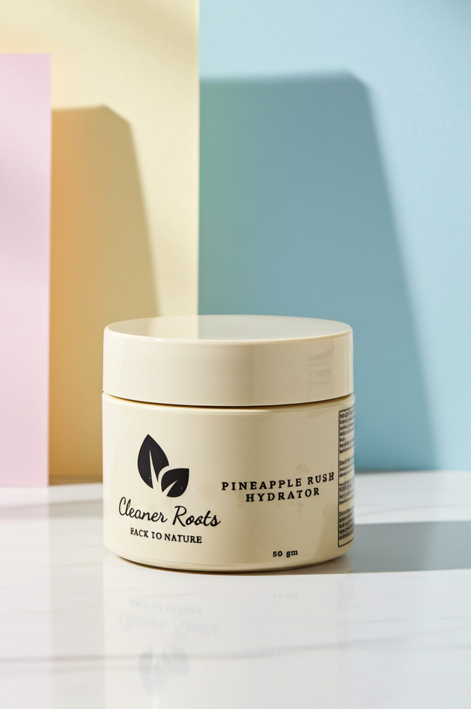 Jar of 'Cleaner Roots' Pineapple Rush Hydrator on a light surface with pastel-colored background