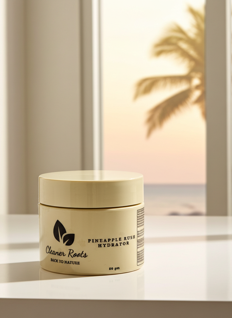 Jar of 'Cleaner Roots' product on a surface with a blurred beach background