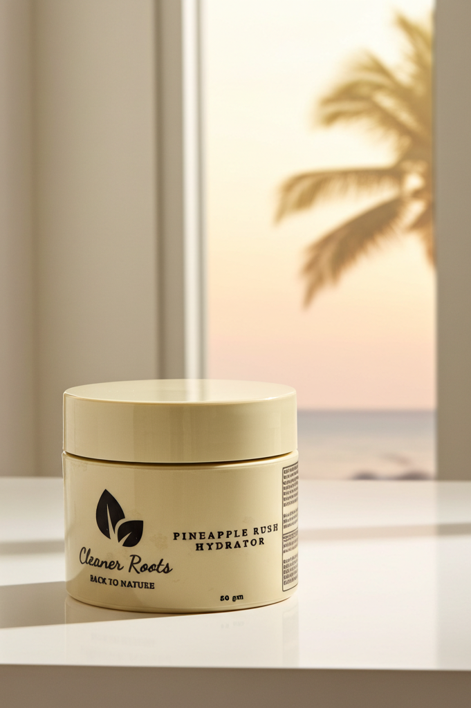 Jar of 'Cleaner Roots' product on a surface with a blurred beach background
