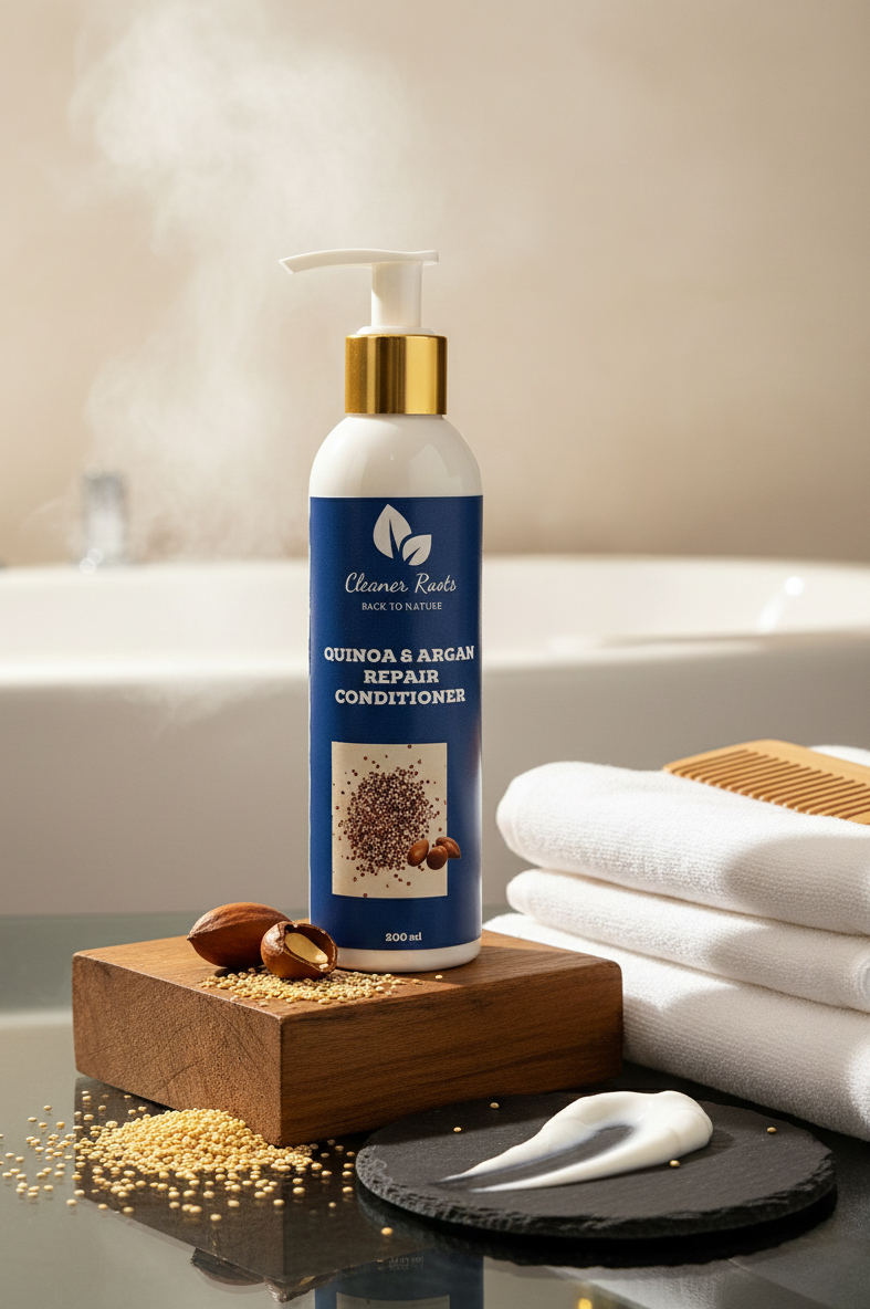 Quinoa and Argan Repair Conditioner bottle on a wooden block with towels and ingredients in a bathroom setting