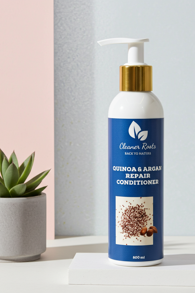 Quinoa & Argan Repair Conditioner bottle with a plant on a neutral background