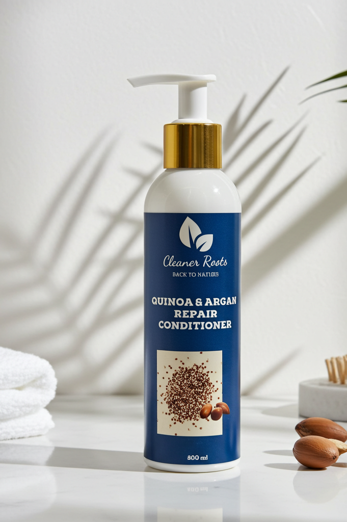 Quinoa & Argan Repair Conditioner bottle on a white surface with towels and a plant in the background
