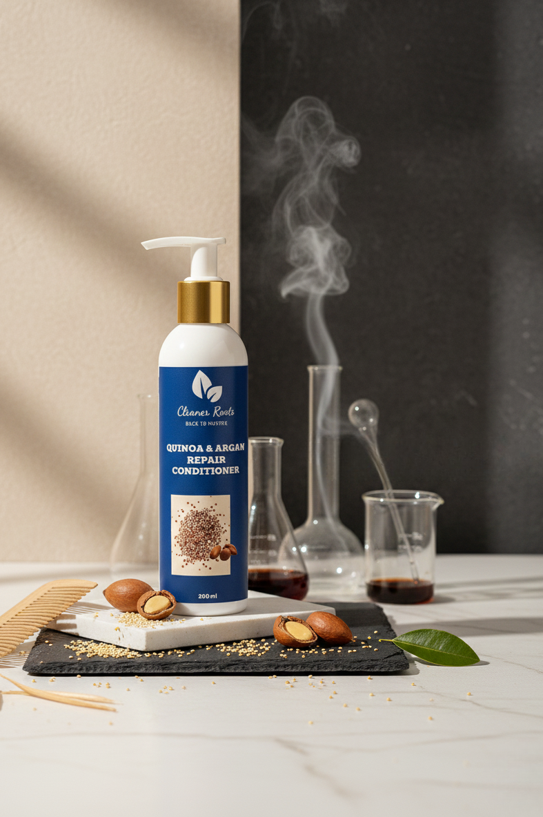 Shampoo bottle with a blue label on a white surface with ingredients and tools in the background