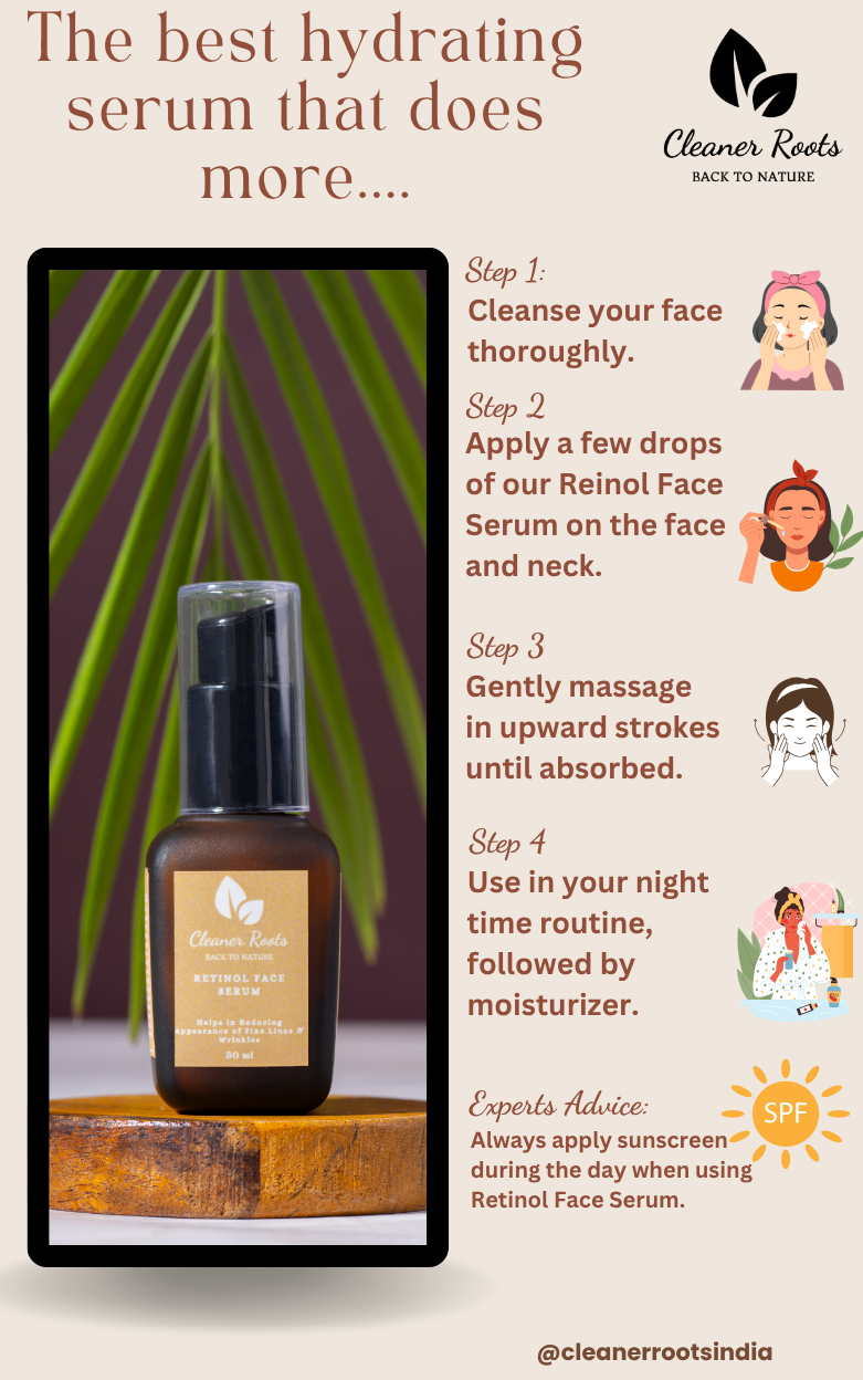 Cosmetic serum bottle with usage instructions on a beige background