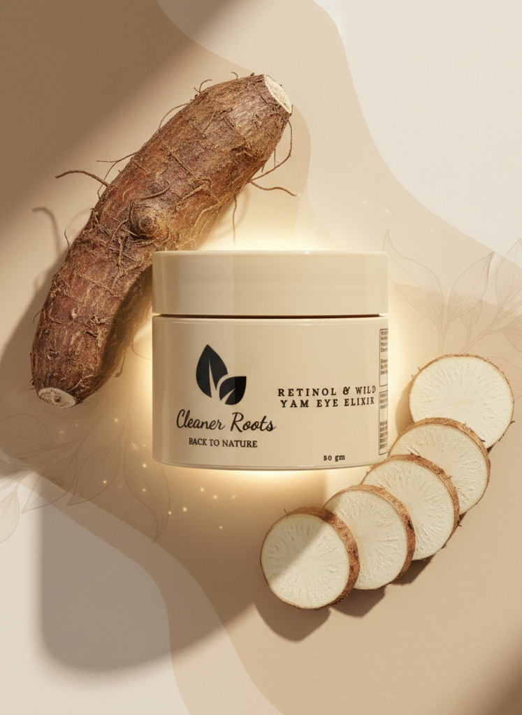Jar of 'Cleaner Roots' product with sliced yam on a beige background