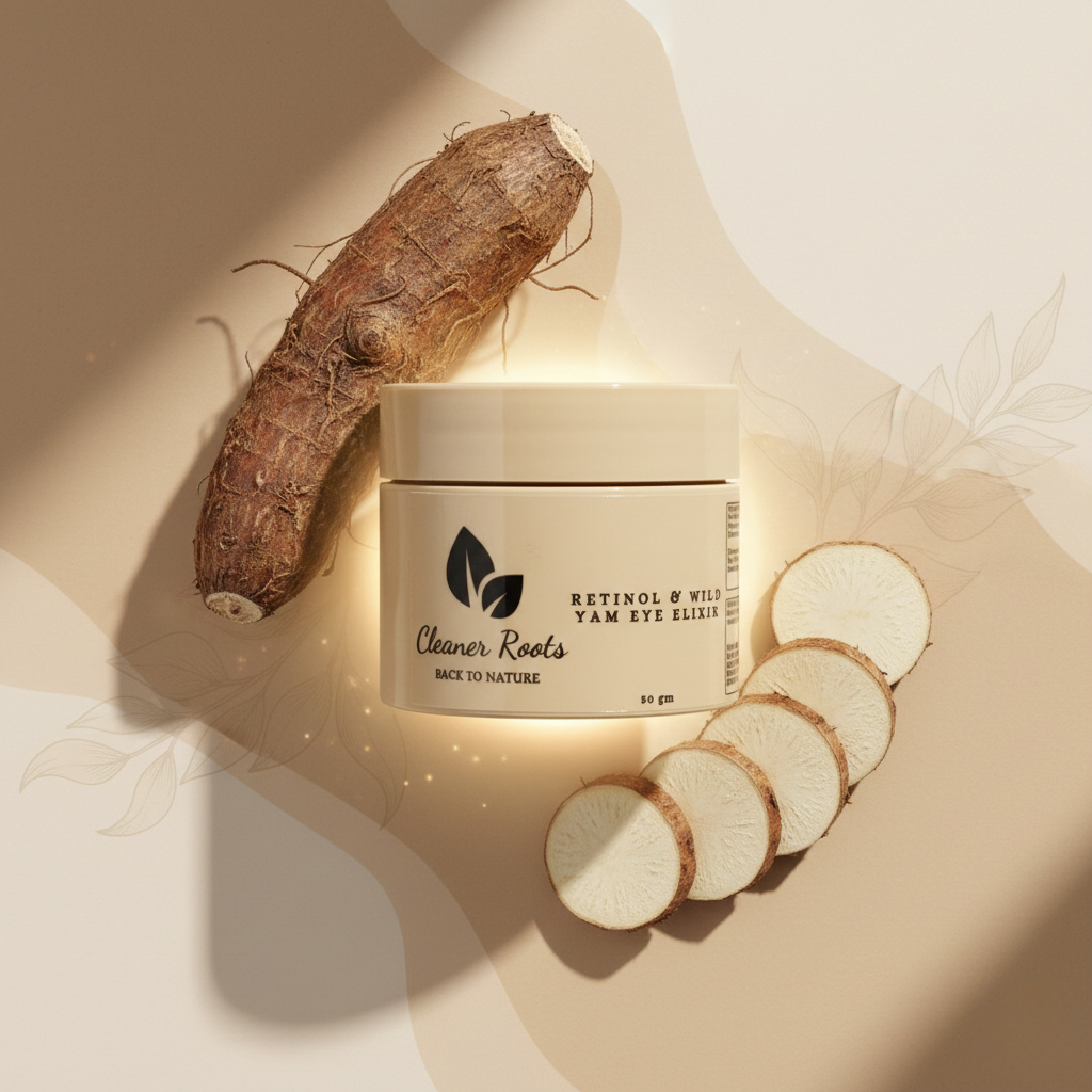 Jar of 'Cleaner Roots' product with sliced yam on a beige background