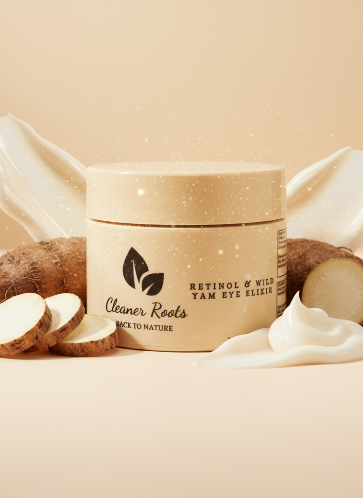 Jar of 'Cleaner Roots' eye elixir with yams on a beige background