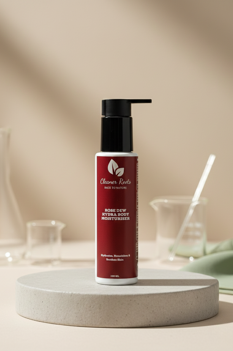 Red bottle with black pump on a beige surface