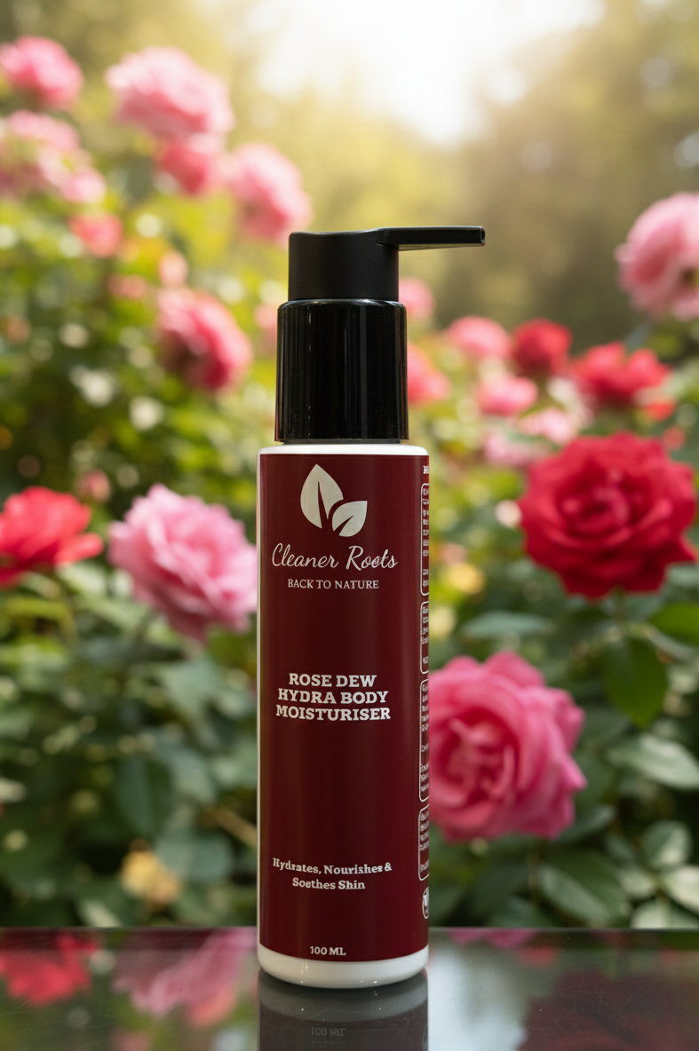 Moisturizer bottle with 'Cleaner Roots' branding against a floral background