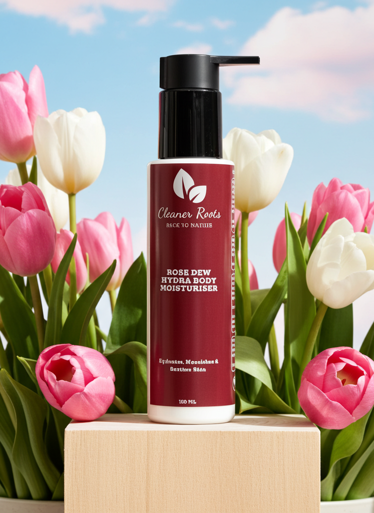 Body moisturizer bottle with pink tulips on a blue sky background