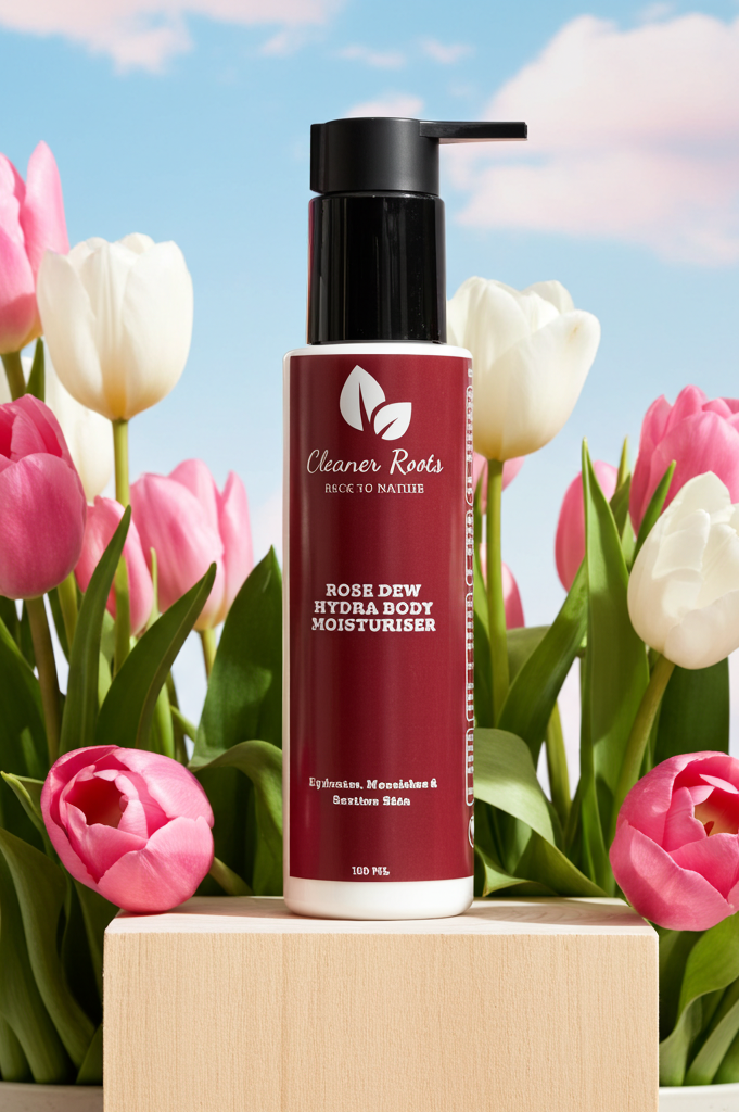 Body moisturizer bottle with pink tulips on a blue sky background