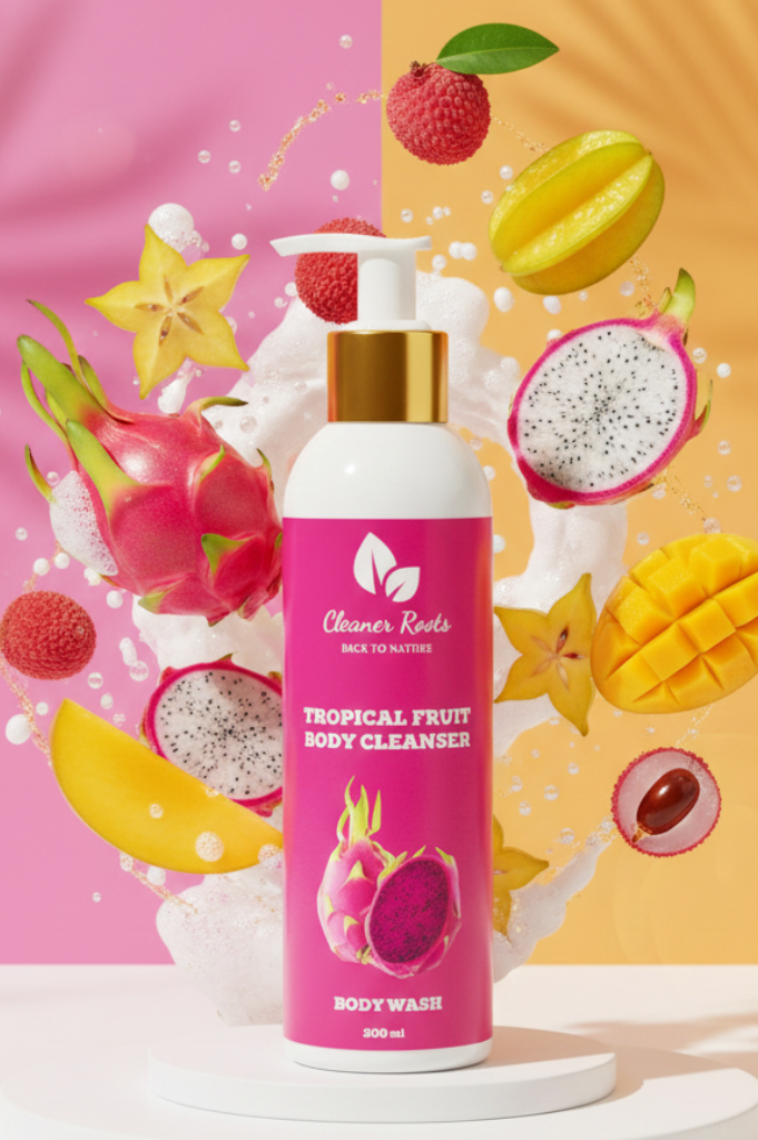 Tropical fruit body cleanser with fruits on a colorful background