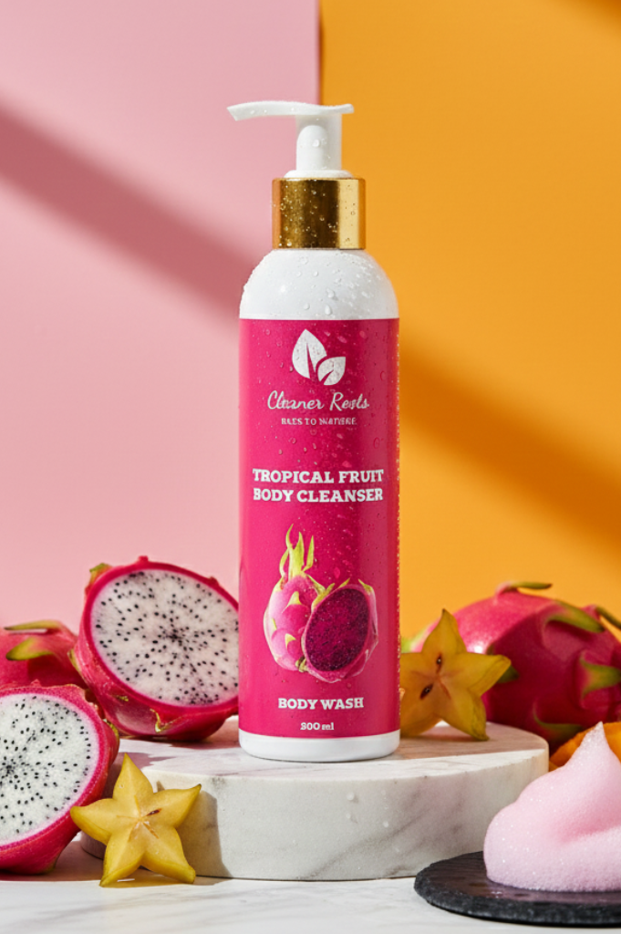 Tropical fruit body cleanser with dragon fruit and mango on a colorful background