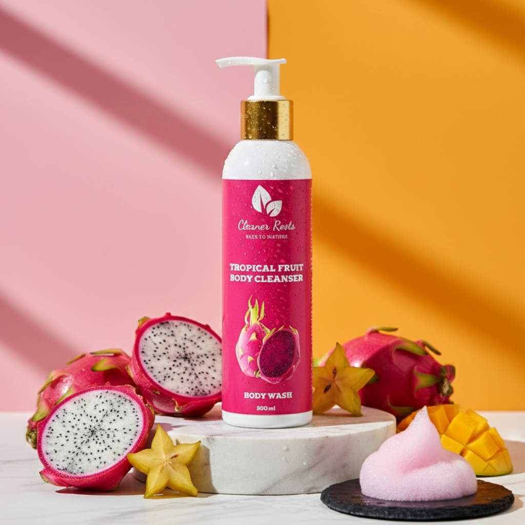 Tropical fruit body cleanser with dragon fruit and mango on a colorful background