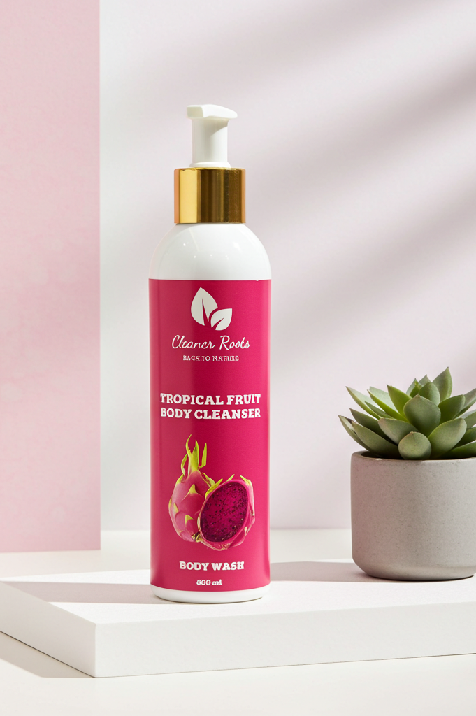 Tropical fruit body cleanser bottle with a potted plant on a white platform against a pink background