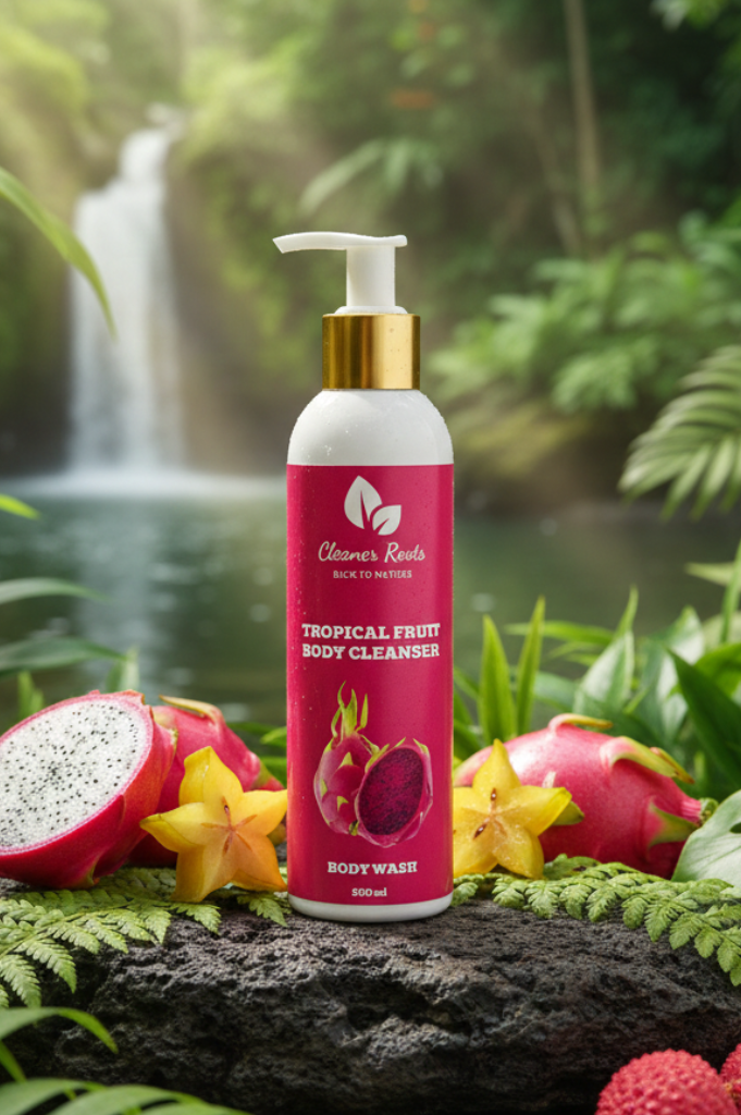 Tropical fruit body cleanser bottle with dragon fruit and flowers in a lush green setting