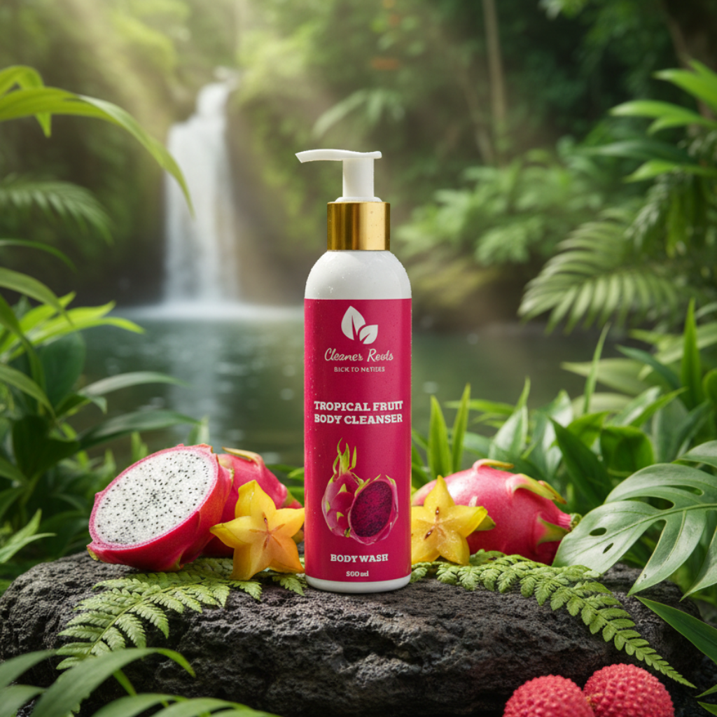 Tropical fruit body cleanser bottle with dragon fruit and flowers in a lush green setting