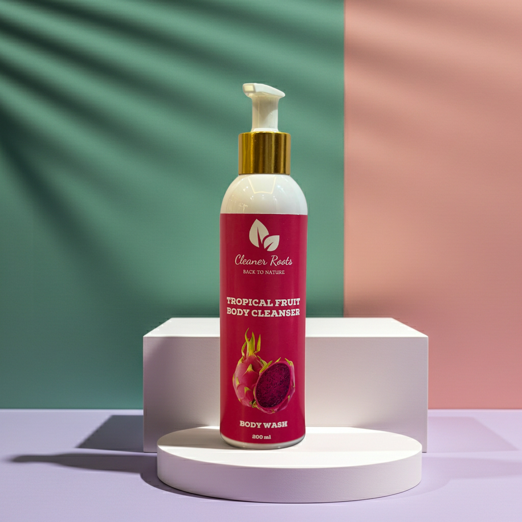 Tropical fruit body cleanser bottle on a white pedestal with a colorful background