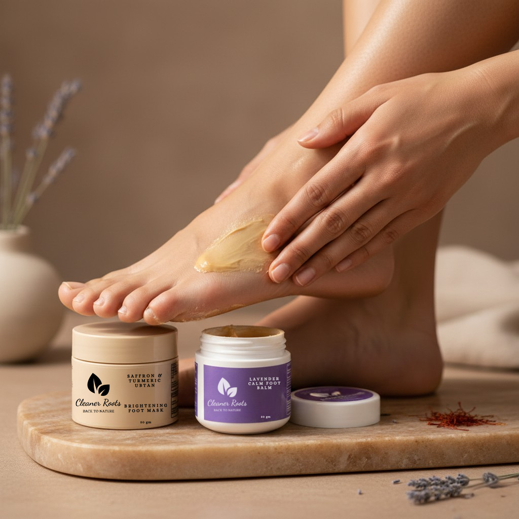 Person applying foot cream to their foot with lavender and wooden elements in the background