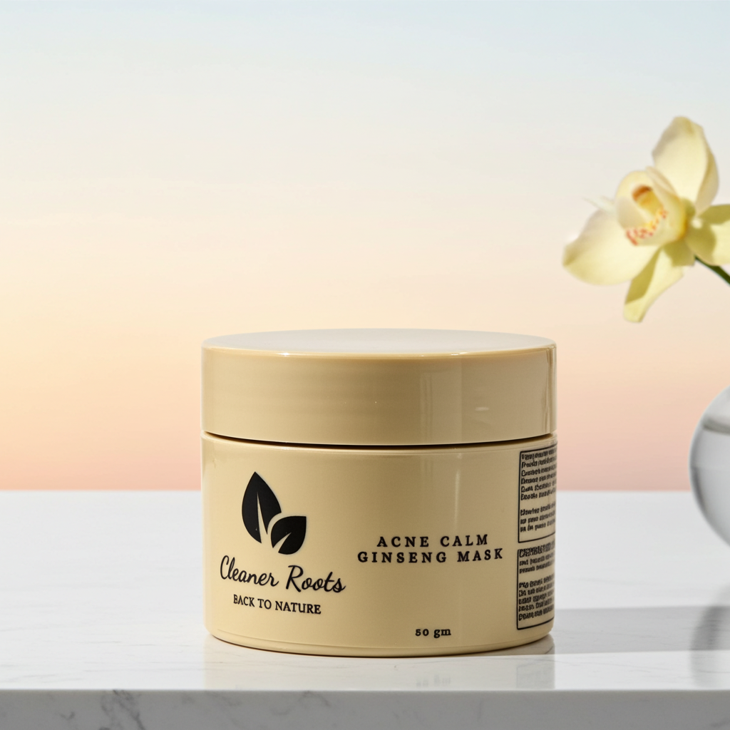 Beige jar of 'Acne Calm Ginseng Mask' by 'Cleaner Roots' on a light background