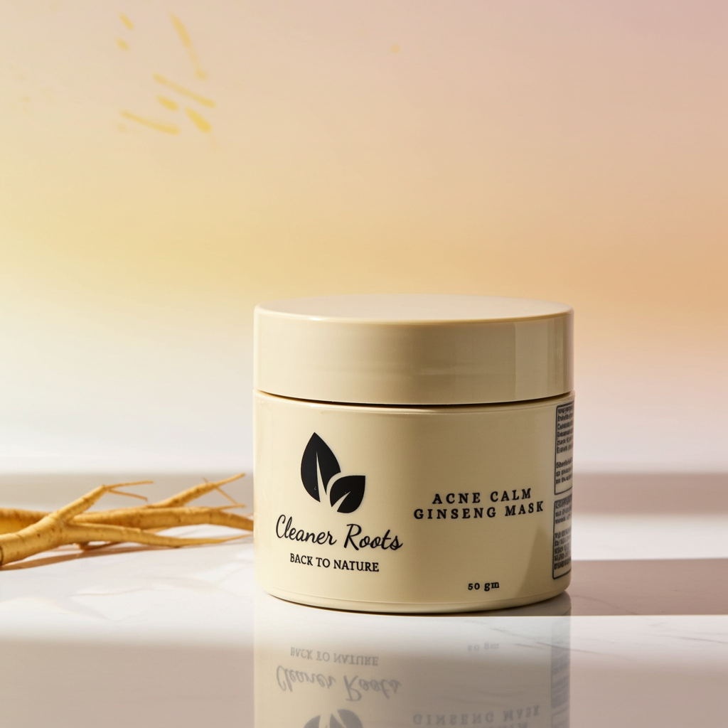 Jar of 'Acne Calm Ginseng Mask' by 'Cleaner Roots' on a reflective surface with a blurred natural background.