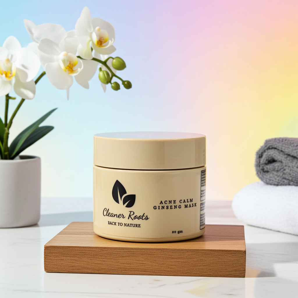 Cosmetic jar labeled 'Cleaner Roots' on a wooden block with flowers and towels in the background