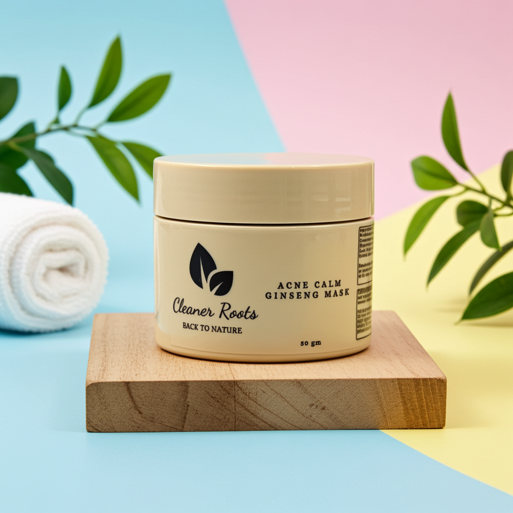 Cosmetic jar labeled 'Cleaner Roots' on a wooden block with a colorful background
