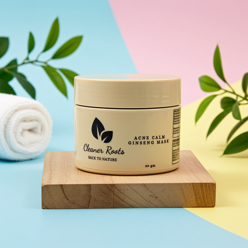 Cosmetic jar labeled 'Cleaner Roots' on a wooden block with a colorful background