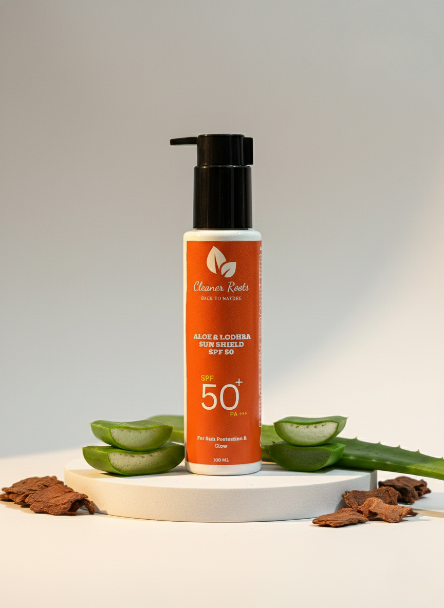 Sunscreen bottle with aloe vera leaves on a light background