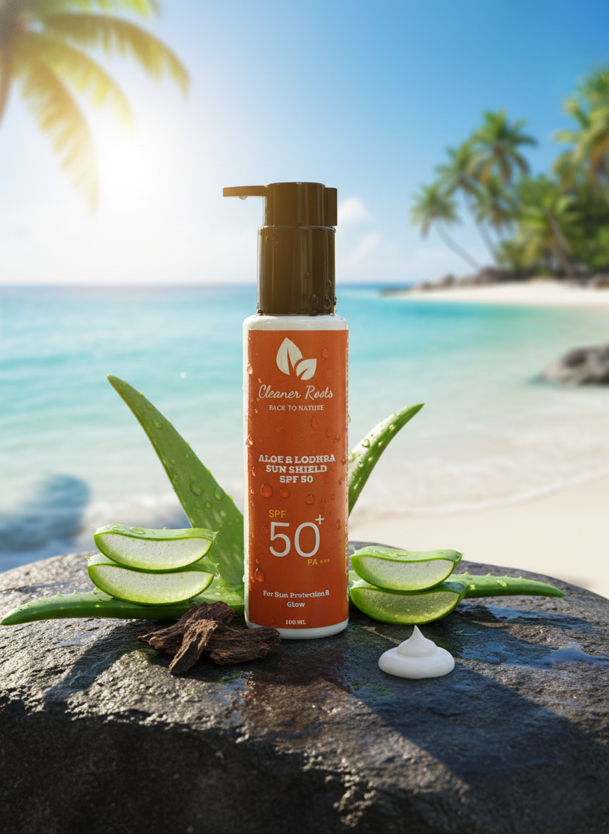Sunscreen bottle with aloe vera leaves on a beach setting
