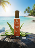 Sunscreen bottle with aloe vera leaves on a beach setting