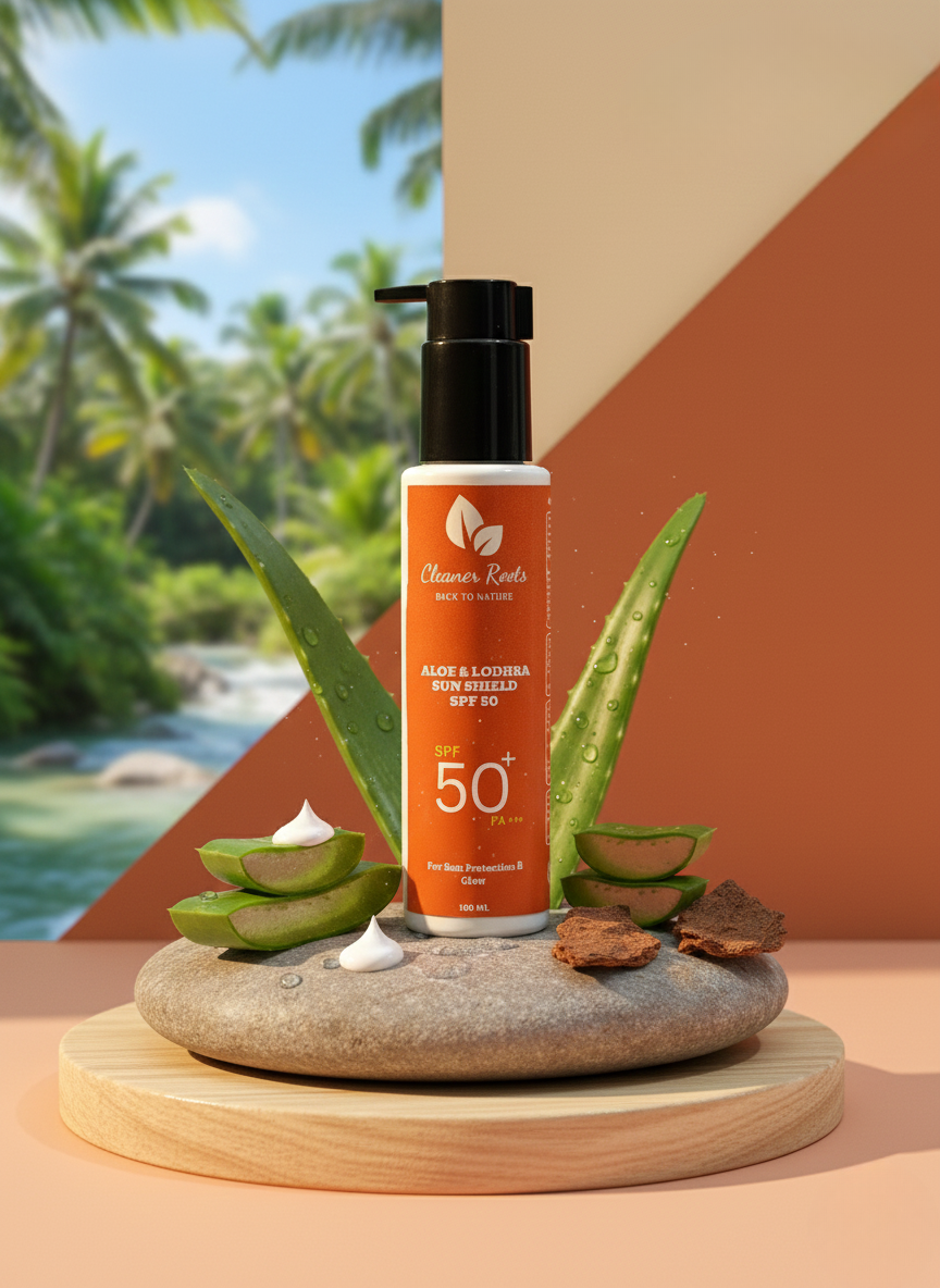 Sunscreen bottle with aloe vera leaves on a natural stone platform with a tropical background
