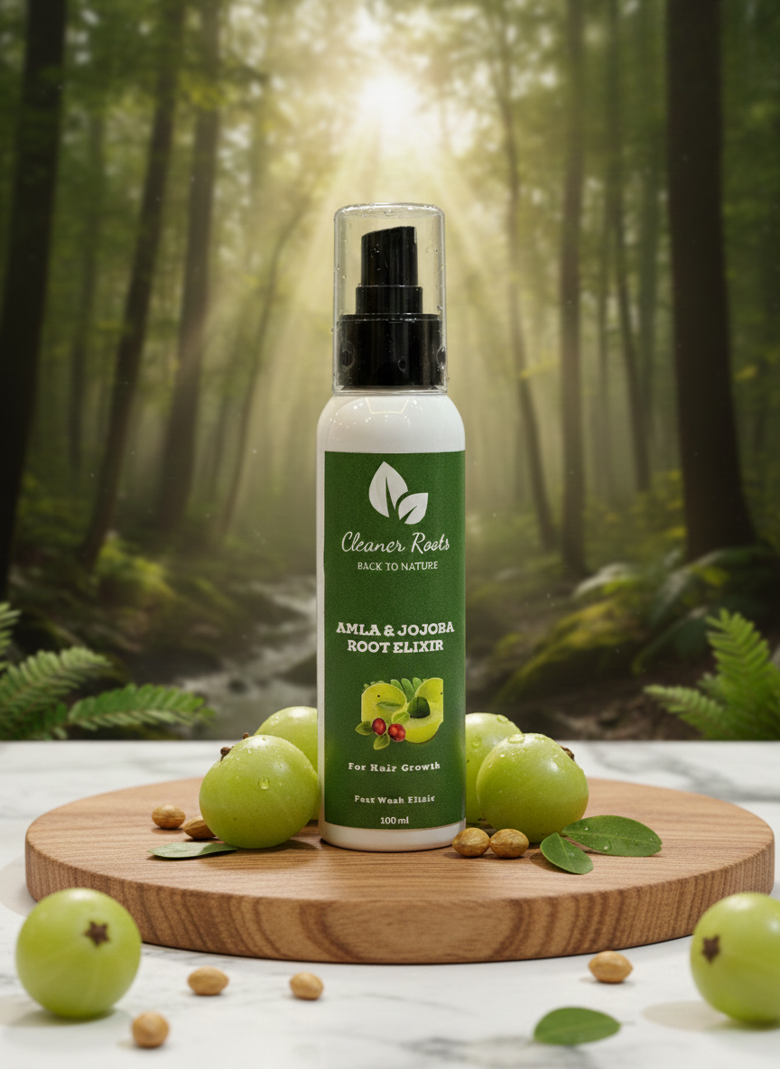 Bottle of 'Cleaner Roots' body elixir with green fruits on a wooden board in a forest setting