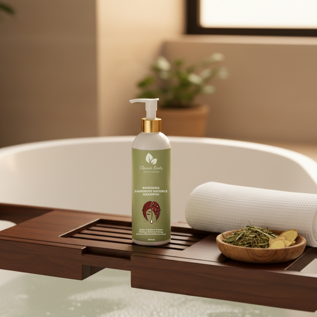 Bottle of natural shampoo on a bathtub tray with a bath setup in the background