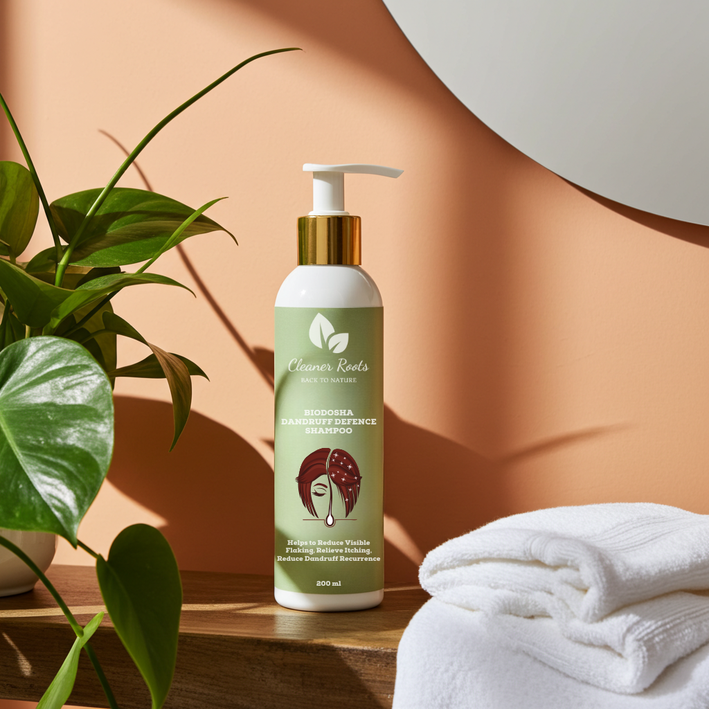 Biodosha Dandruff Defence Shampoo Neutral Background with Plants