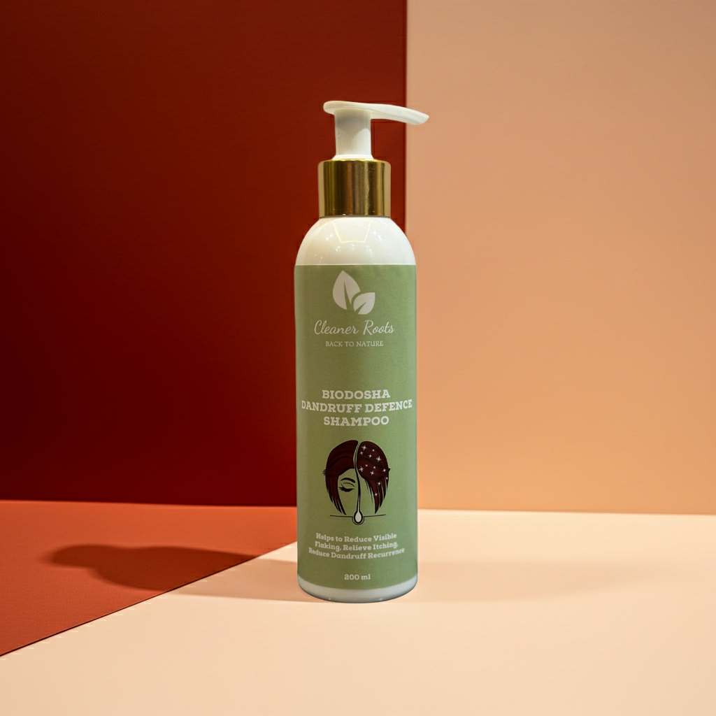 Biodosha Dandruff Defence Shampoo bottle on a two-tone background