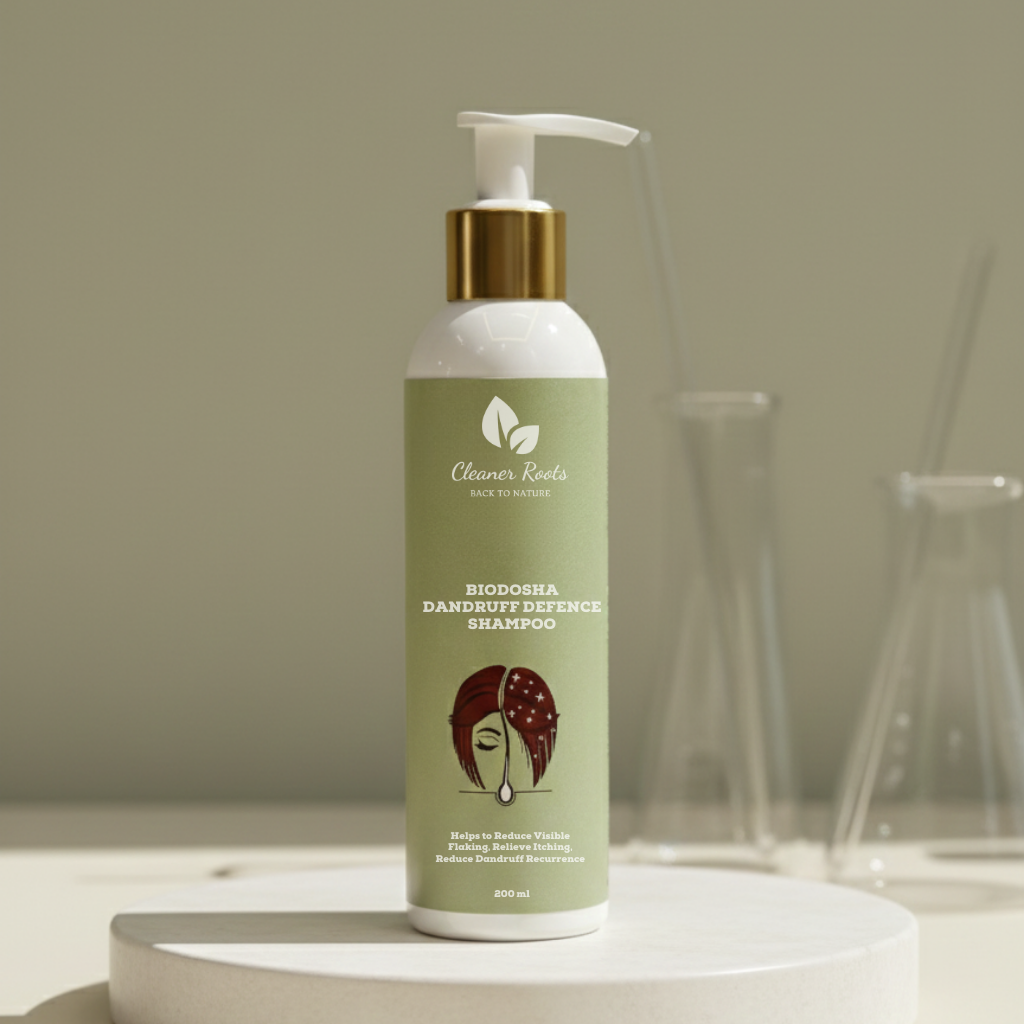 Biodosha Dandruff Defence Shampoo with Glass Jars background