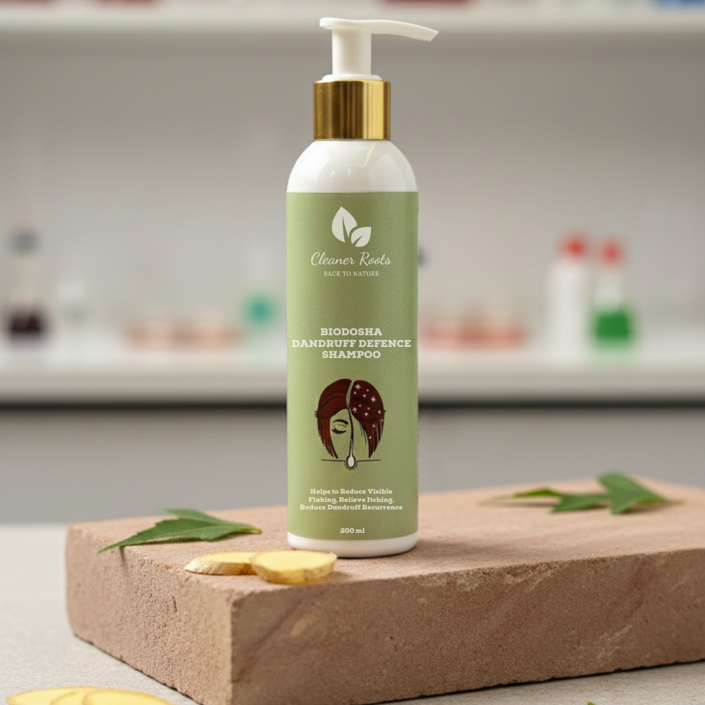 Biodisa Dandruff Defence Shampoo bottle on a wooden block with a blurred background