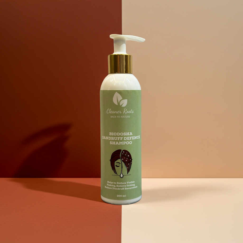 Shampoo bottle with green label on a two-tone background