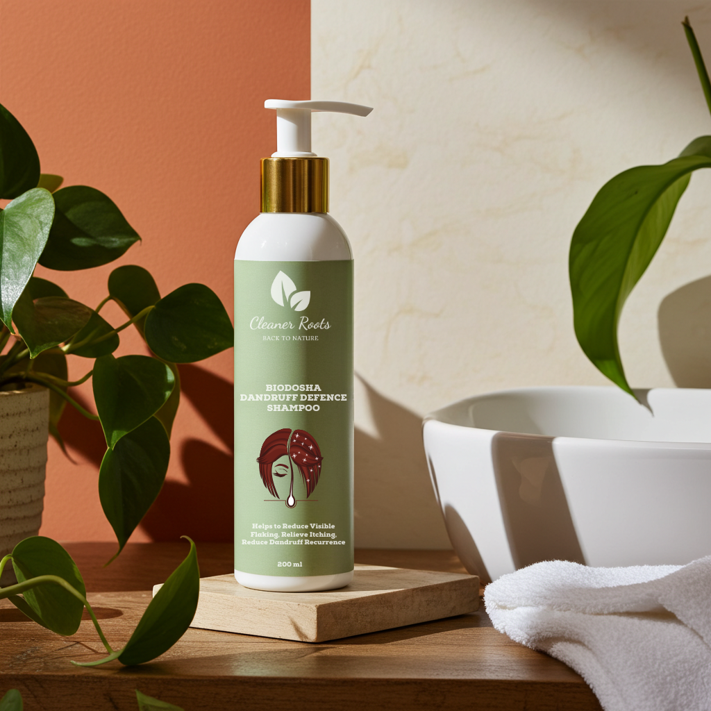 Bioderma shampoo bottle on a wooden surface with plants and bowls in the background