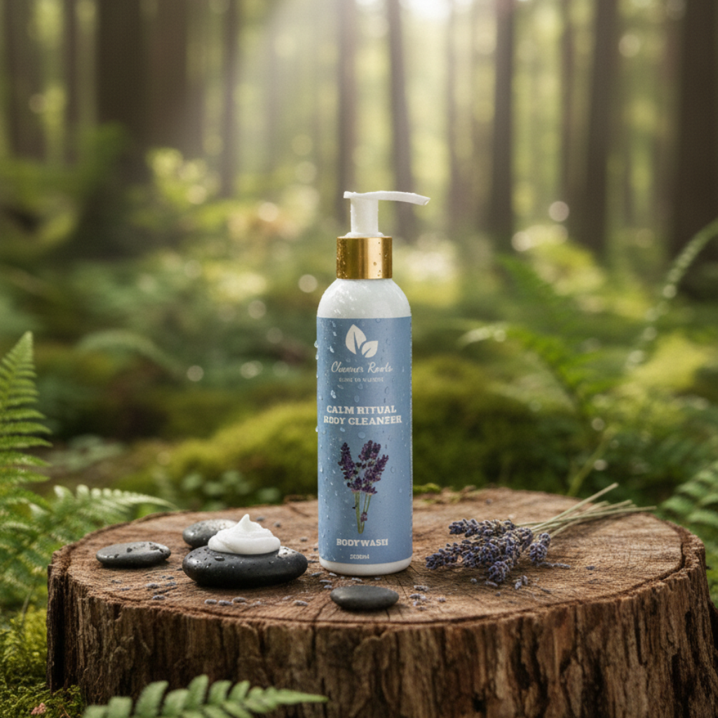 Body wash bottle on a wooden stump with a forest background